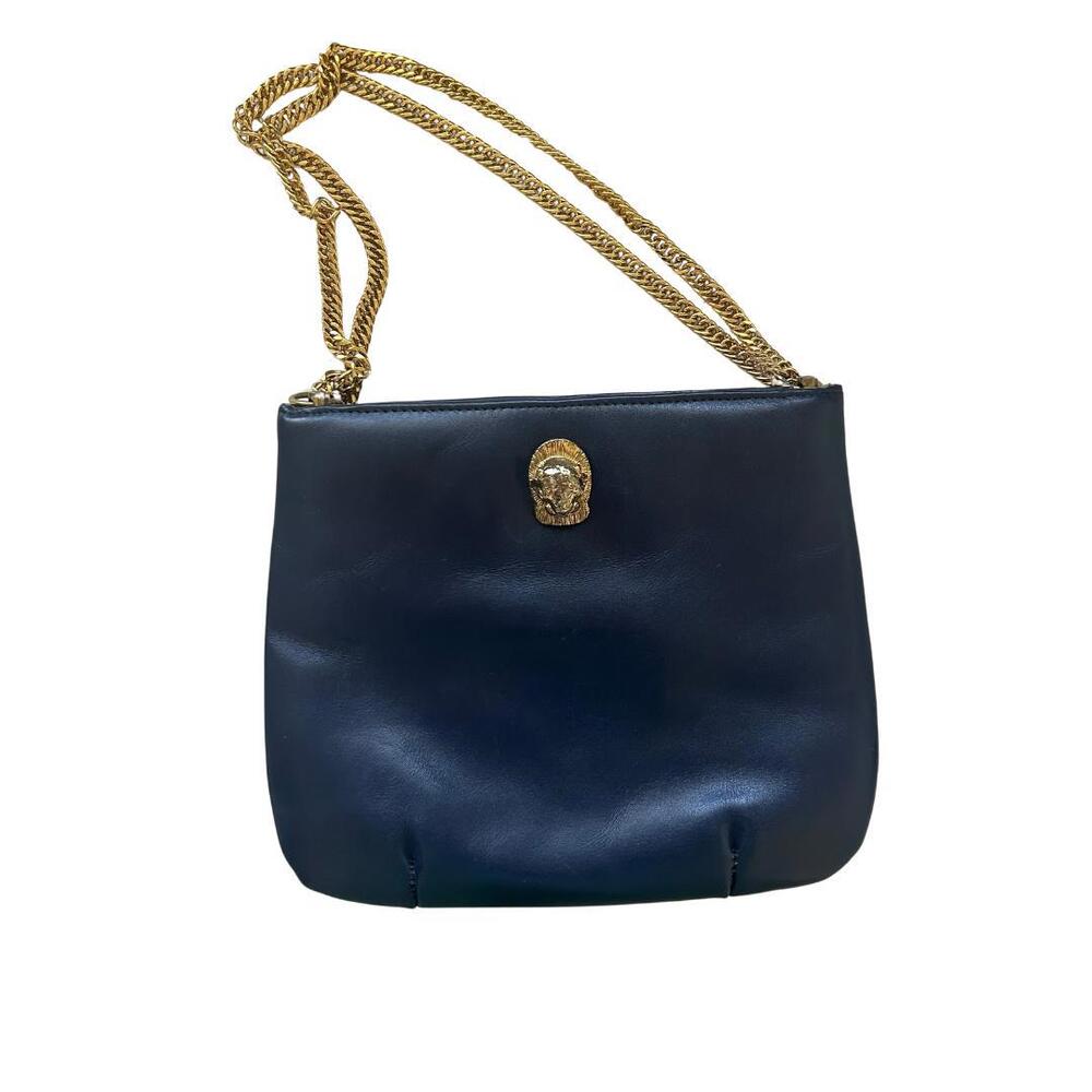 Vintage 1970s Ruth Saltz Navy leather Handbag Chunky Gold Straps Cougar head